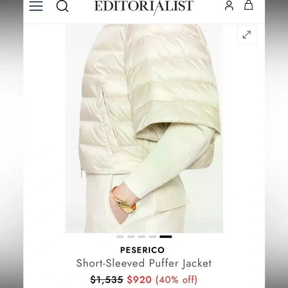 Peserico Cream Ecru Short-Sleeved Goose Down Puffer Jacket size 42 - Picture 1 of 13